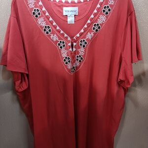 Veranesi Coral Red V-Neck Tunic with Floral Trim Size 2x